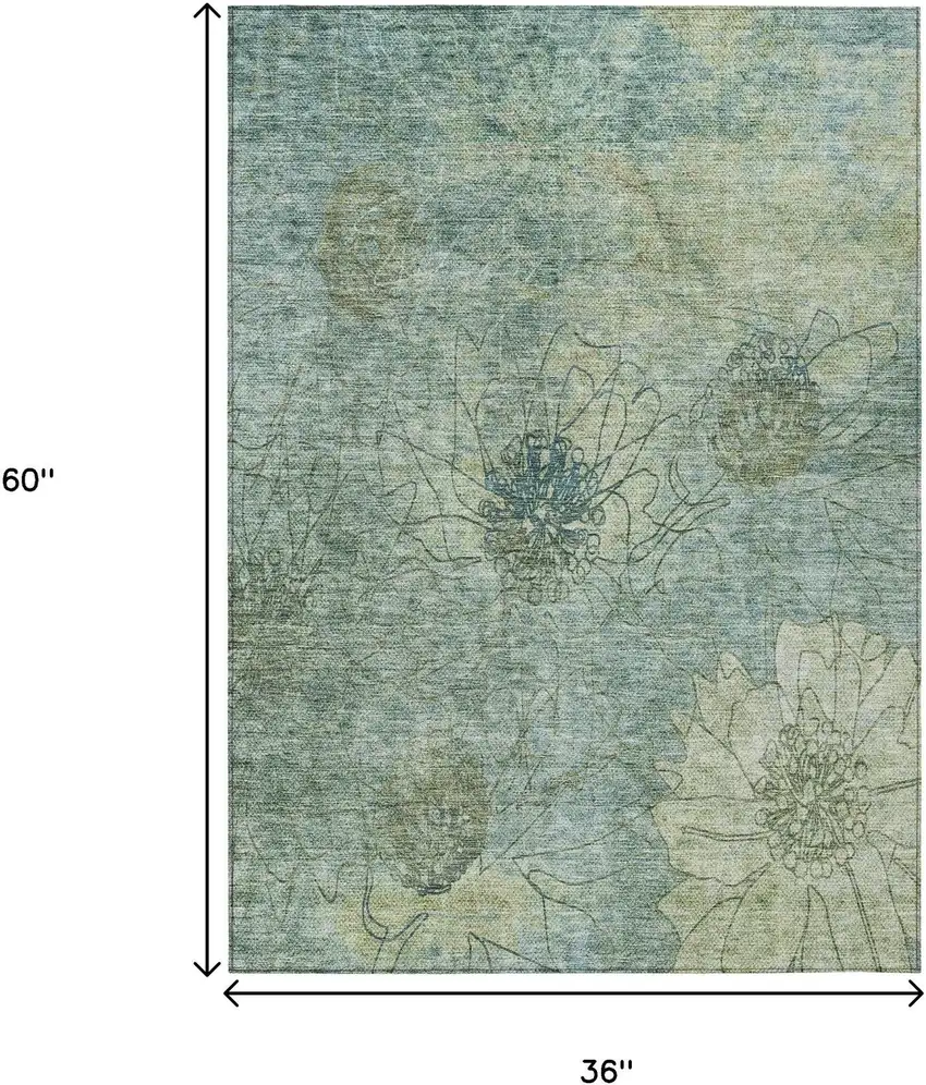 Pale Aqua And Wheat Floral Washable Indoor Outdoor Area Rug Photo 3