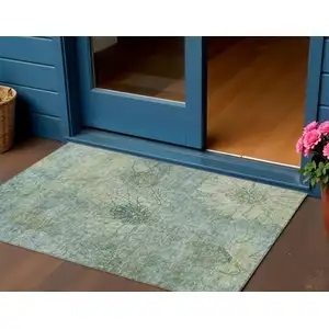 Photo of Pale Aqua And Wheat Floral Washable Indoor Outdoor Area Rug