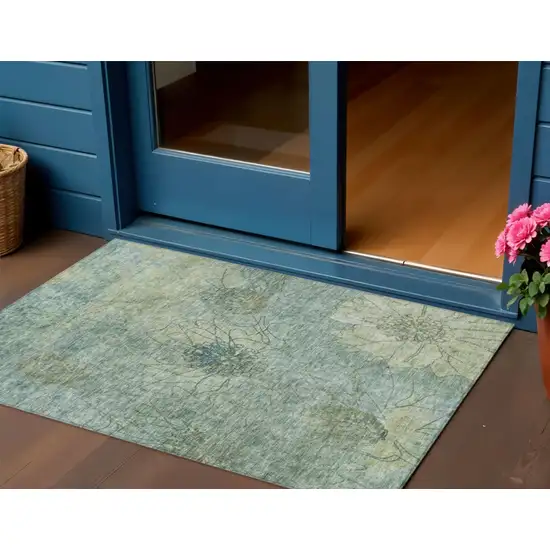 Pale Aqua And Wheat Floral Washable Indoor Outdoor Area Rug Photo 1