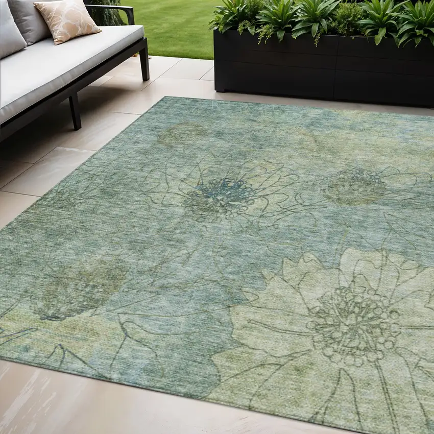 Pale Aqua And Wheat Floral Washable Indoor Outdoor Area Rug Photo 1