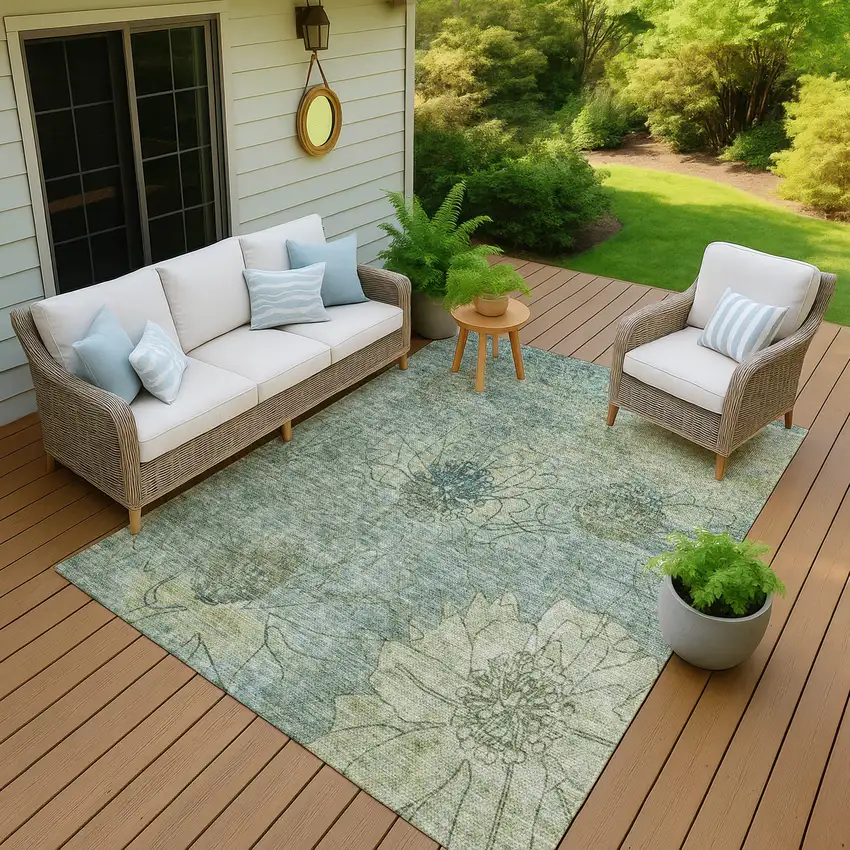 Pale Aqua And Wheat Floral Washable Indoor Outdoor Area Rug Photo 7