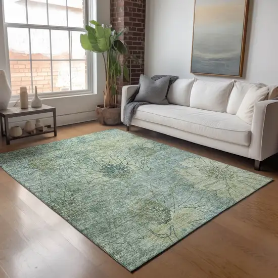 Pale Aqua And Wheat Floral Washable Indoor Outdoor Area Rug Photo 9