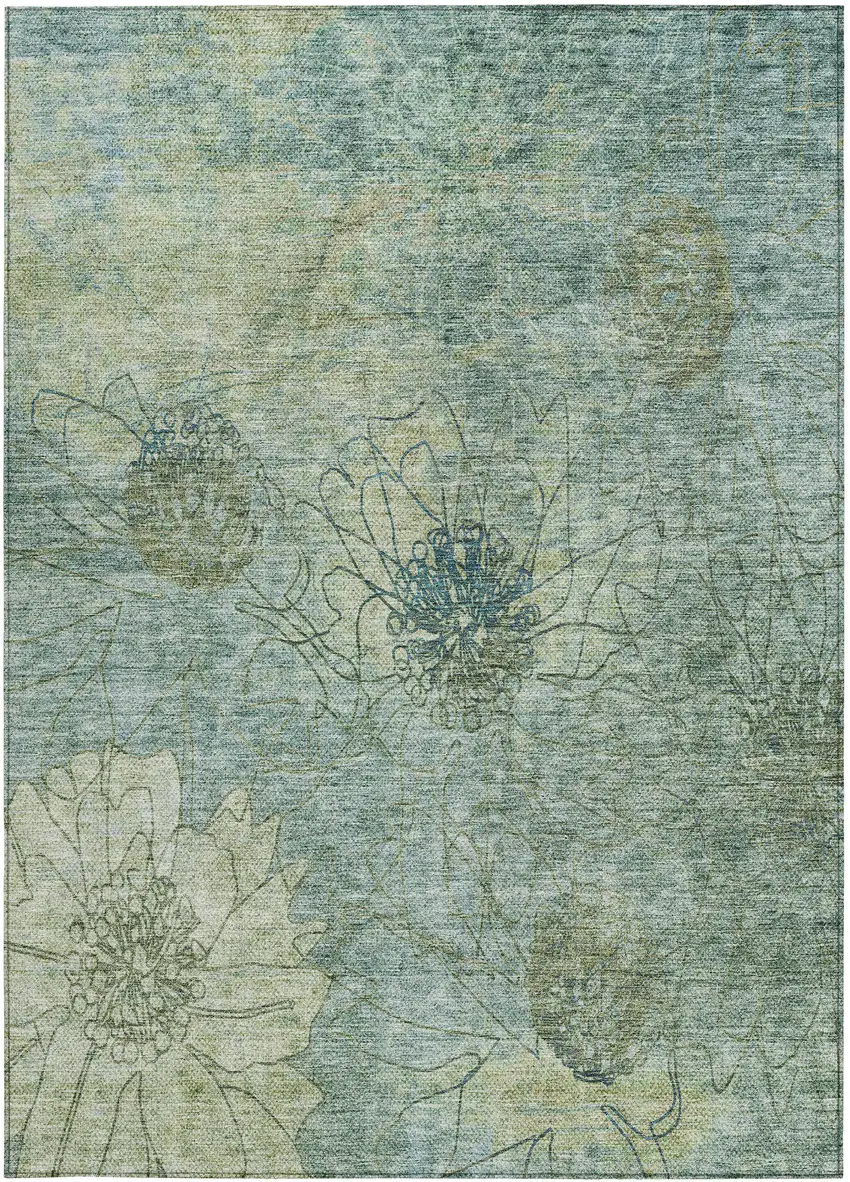 Pale Aqua And Wheat Floral Washable Indoor Outdoor Area Rug Photo 5