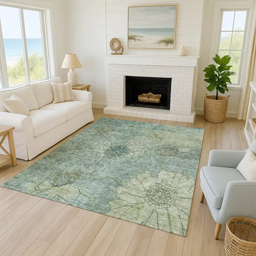 Pale Aqua And Wheat Floral Washable Indoor Outdoor Area Rug Photo 7