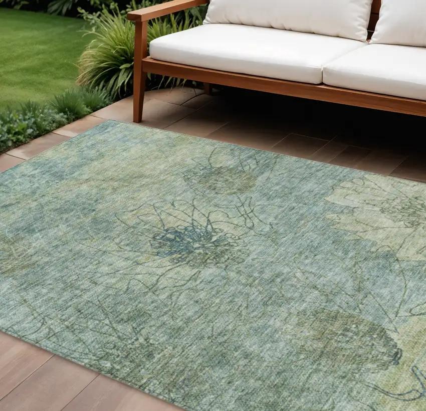 Pale Aqua And Wheat Floral Washable Indoor Outdoor Area Rug Photo 1