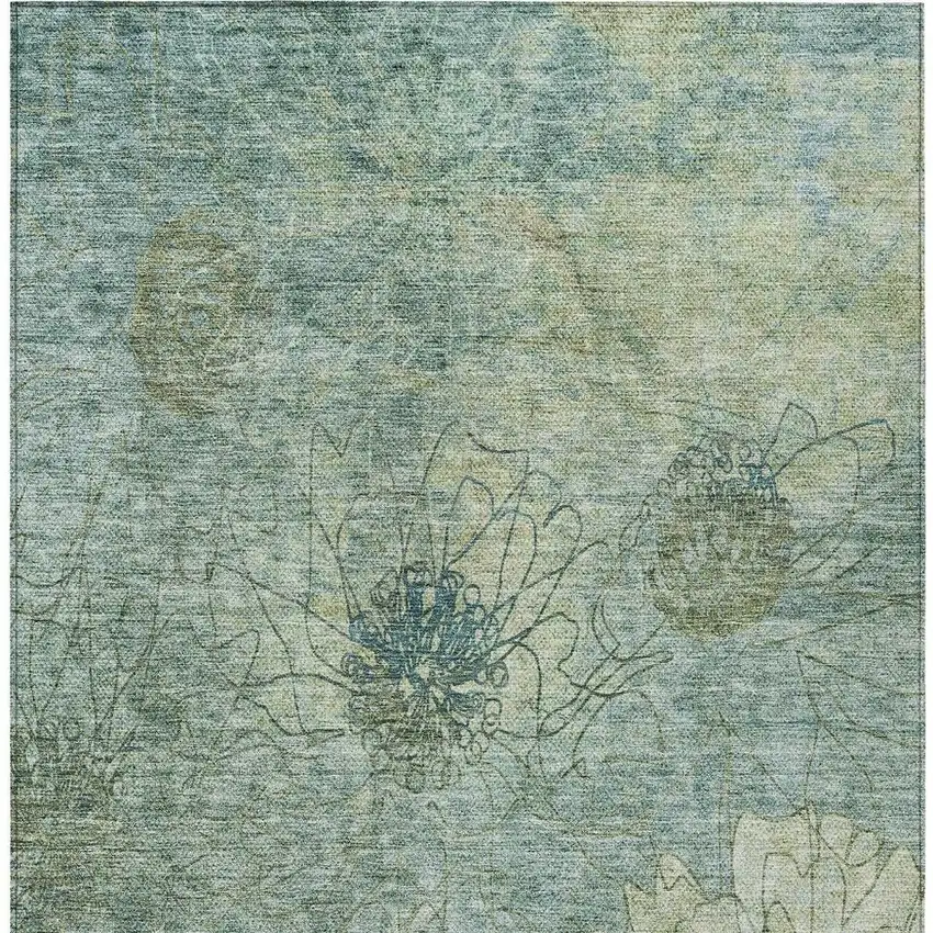 Pale Aqua And Wheat Floral Washable Indoor Outdoor Area Rug Photo 4