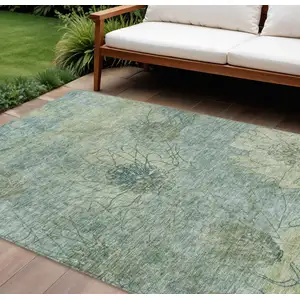 Photo of Pale Aqua And Wheat Floral Washable Indoor Outdoor Area Rug