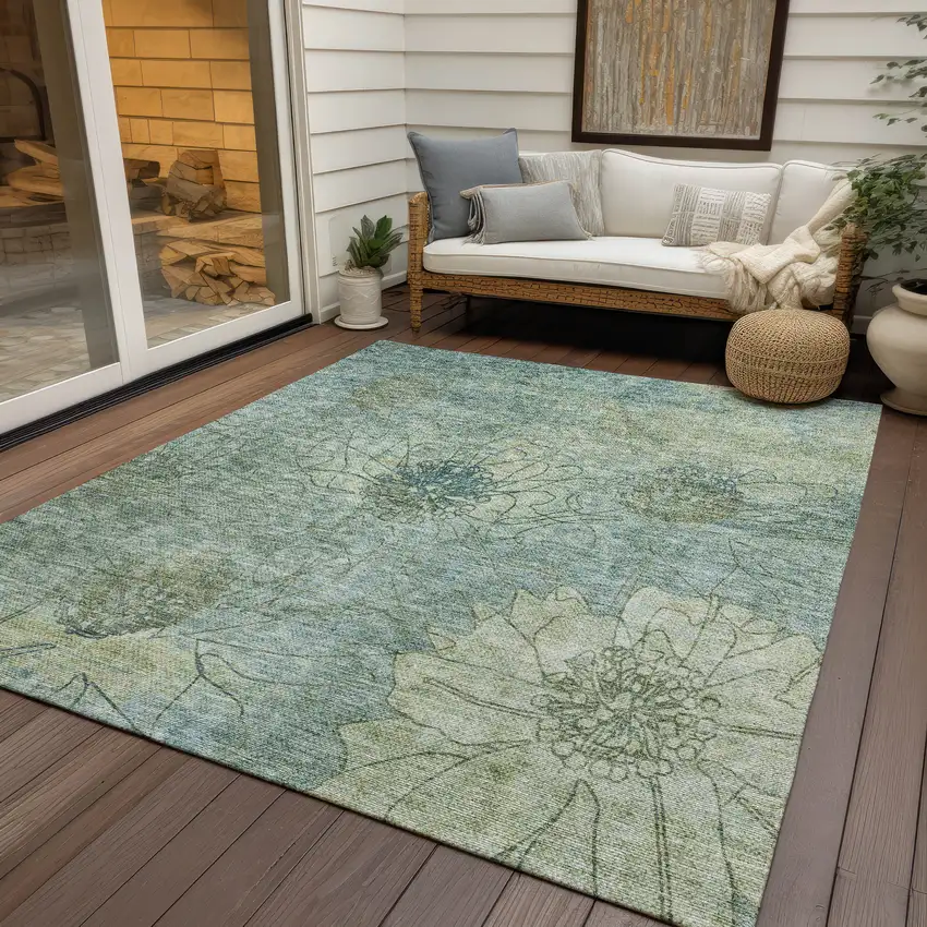 Pale Aqua And Wheat Floral Washable Indoor Outdoor Area Rug Photo 9