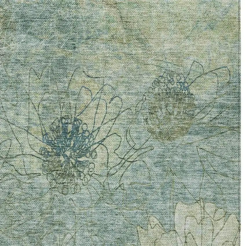 Pale Aqua And Wheat Floral Washable Indoor Outdoor Area Rug Photo 5