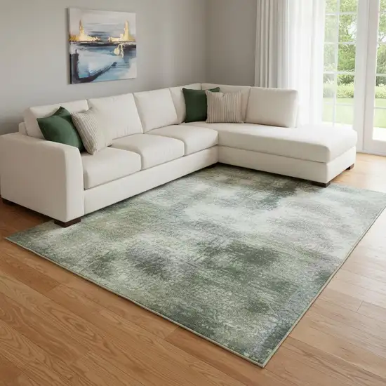 Pale Aqua Beige And Ivory Abstract Washable Area Rug With UV Protection Photo 2