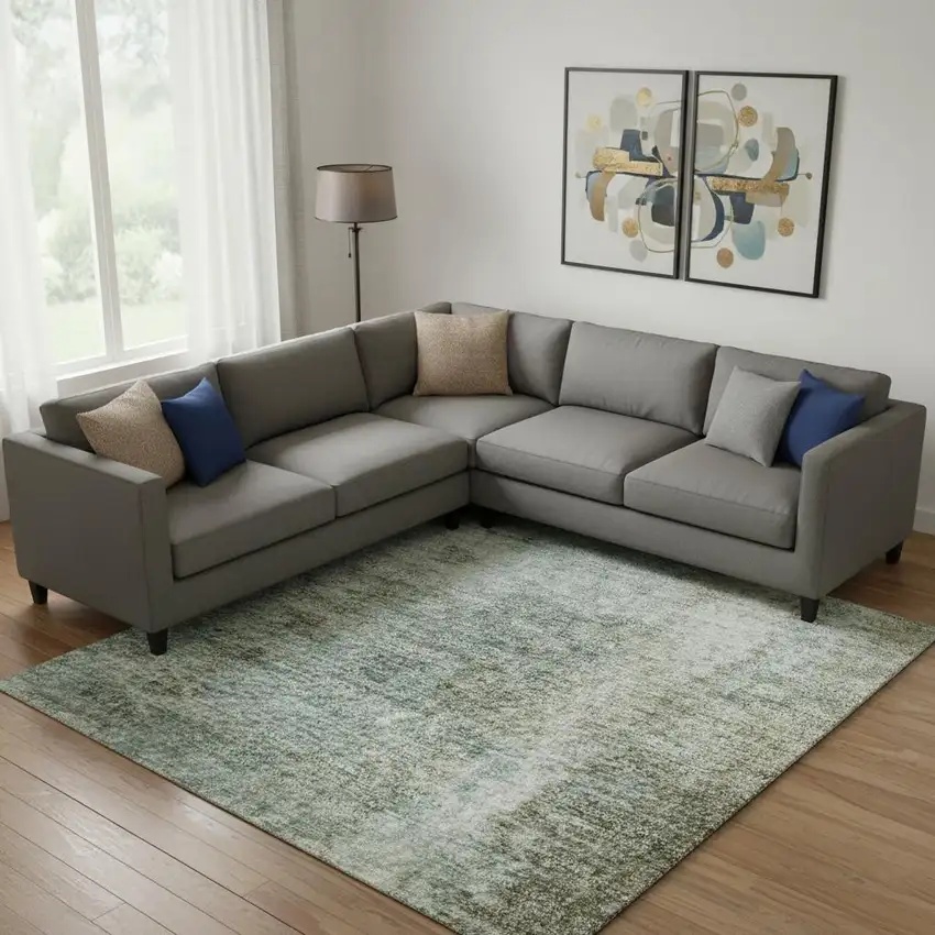 Pale Aqua Beige And Ivory Abstract Washable Area Rug With UV Protection Photo 2