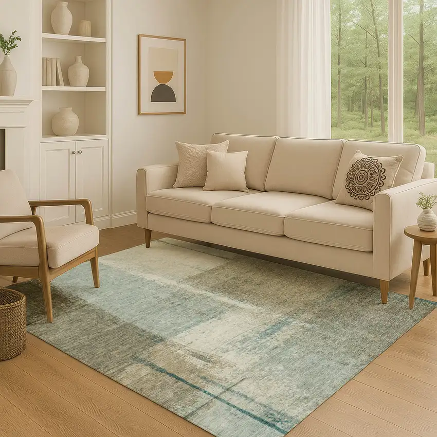 Pale Aqua Beige And Ivory Abstract Washable Area Rug With UV Protection Photo 4