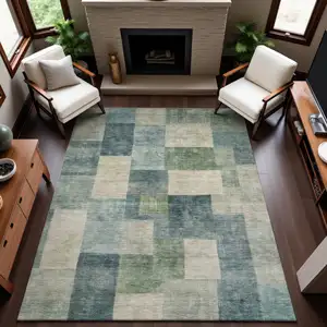 Photo of Pale Aqua Blue And Ivory Geometric Washable Area Rug With UV Protection