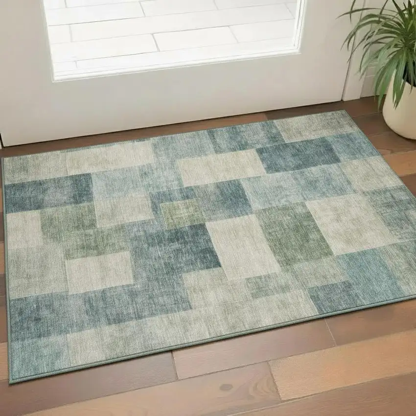 Pale Aqua Blue And Ivory Geometric Washable Area Rug With UV Protection Photo 2