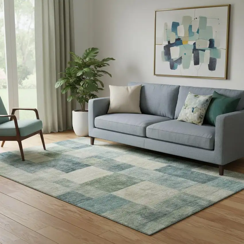 Pale Aqua Blue And Ivory Geometric Washable Area Rug With UV Protection Photo 2