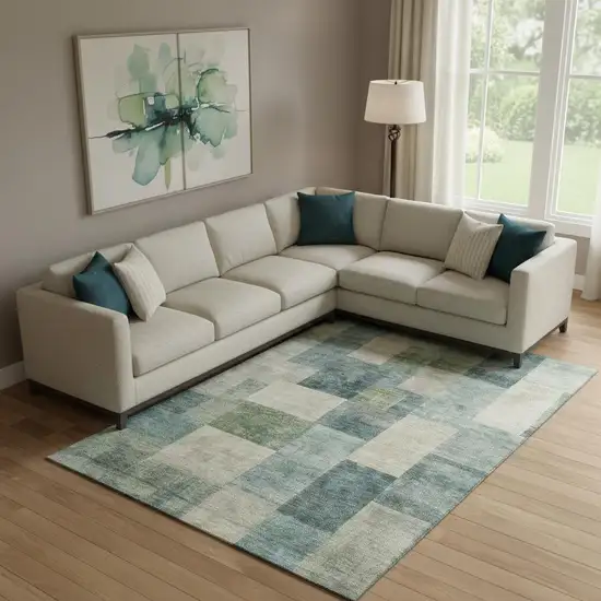 Pale Aqua Blue And Ivory Geometric Washable Area Rug With UV Protection Photo 2