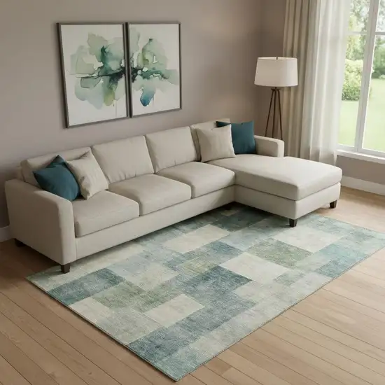 Pale Aqua Blue And Ivory Geometric Washable Area Rug With UV Protection Photo 2