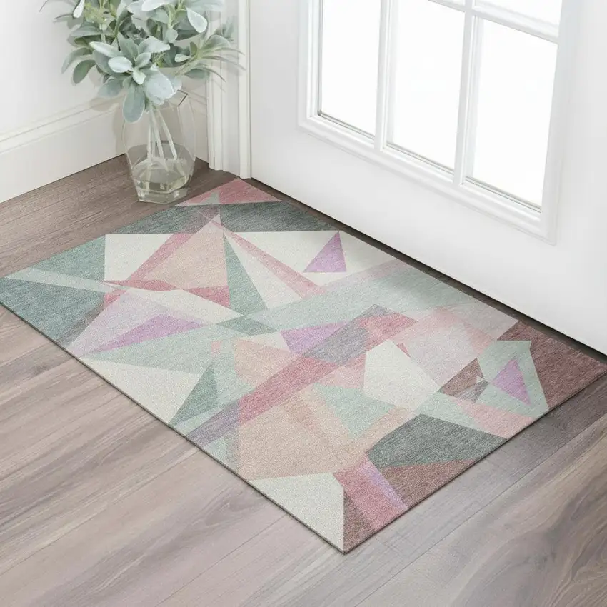 Pale Aqua Blush And Sage Geometric Washable Area Rug With UV Protection Photo 2
