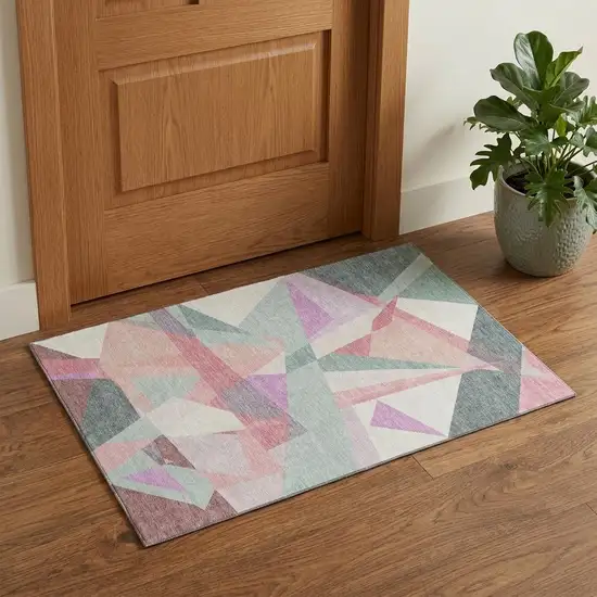 Pale Aqua Blush And Sage Geometric Washable Area Rug With UV Protection Photo 1