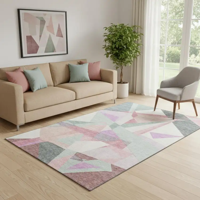 Pale Aqua Blush And Sage Geometric Washable Area Rug With UV Protection Photo 2