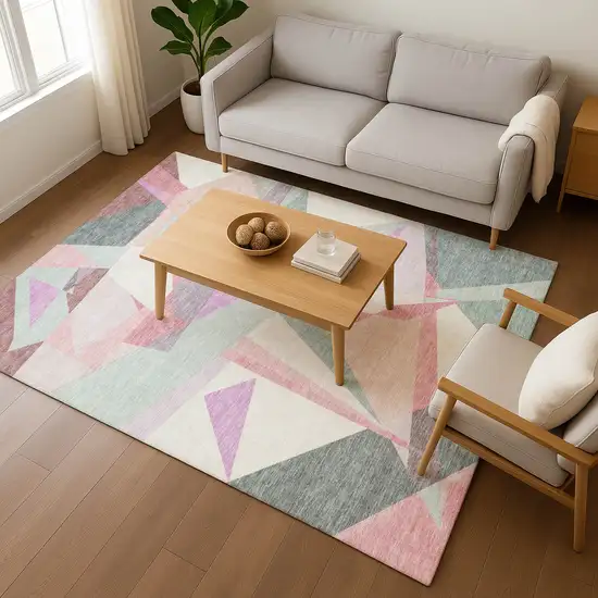 Pale Aqua Blush And Sage Geometric Washable Area Rug With UV Protection Photo 5