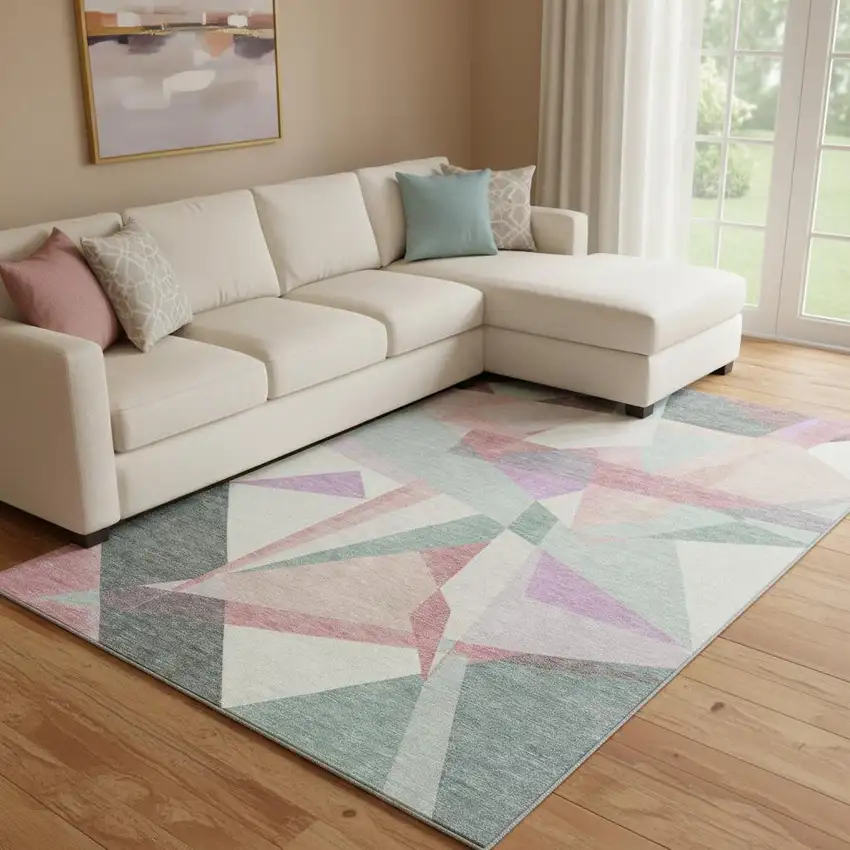 Pale Aqua Blush And Sage Geometric Washable Area Rug With UV Protection Photo 2