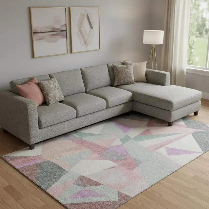 Pale Aqua Blush And Sage Geometric Washable Area Rug With UV Protection Photo 2