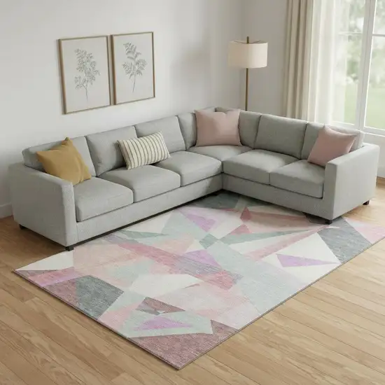 Pale Aqua Blush And Sage Geometric Washable Area Rug With UV Protection Photo 2