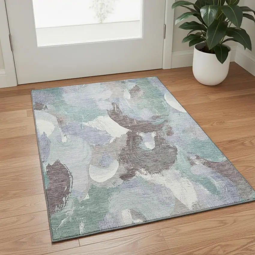 Pale Aqua Brown And Ivory Abstract Washable Area Rug With UV Protection Photo 2