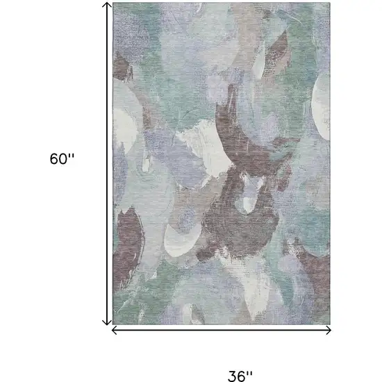Pale Aqua Brown And Ivory Abstract Washable Area Rug With UV Protection Photo 9