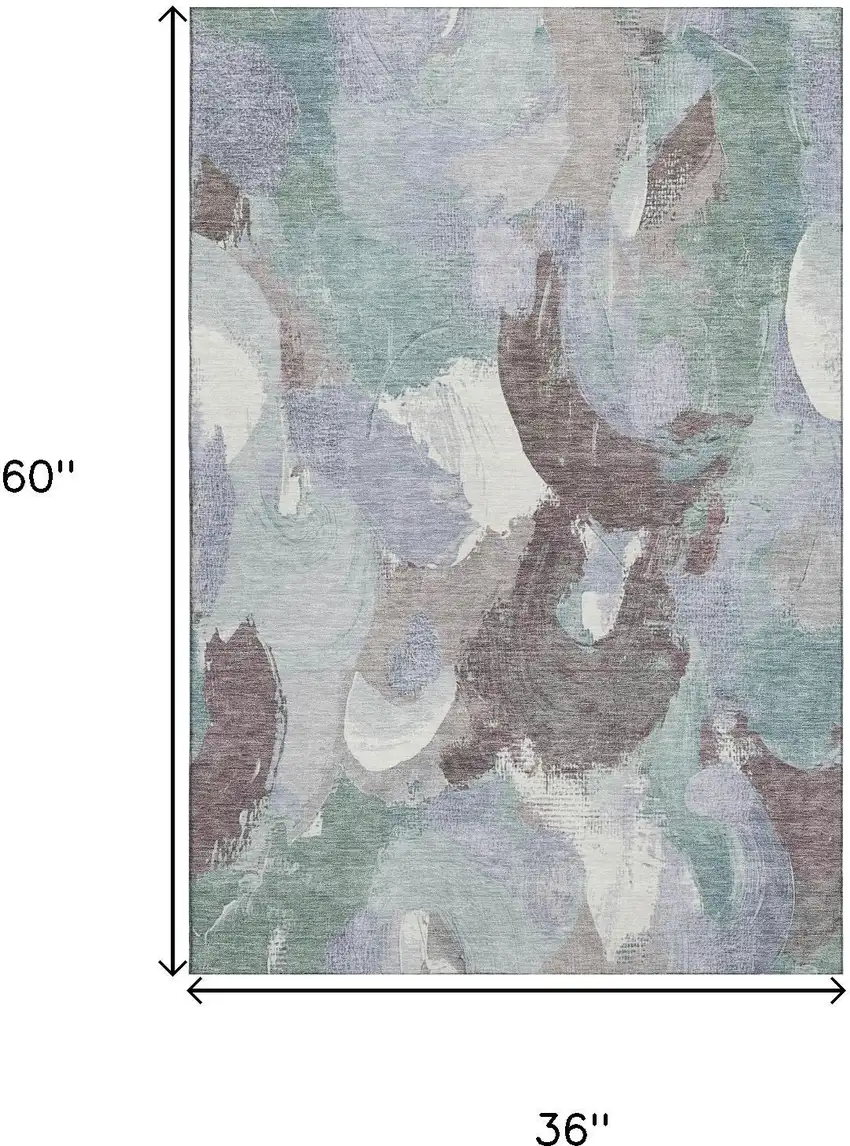 Pale Aqua Brown And Ivory Abstract Washable Area Rug With UV Protection Photo 9