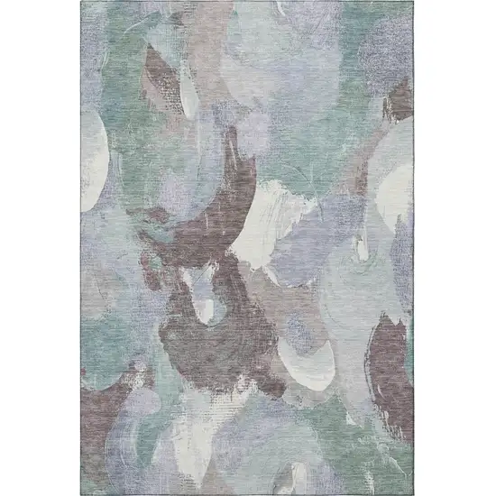 Pale Aqua Brown And Ivory Abstract Washable Area Rug With UV Protection Photo 3