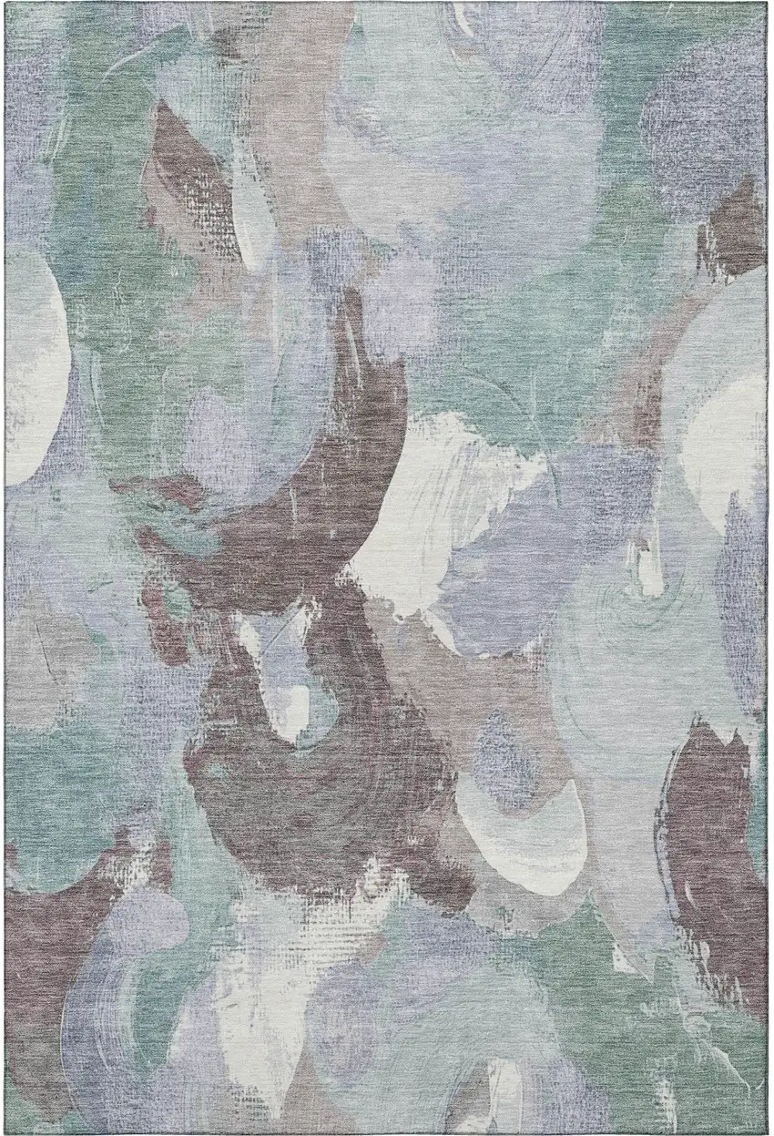 Pale Aqua Brown And Ivory Abstract Washable Area Rug With UV Protection Photo 3