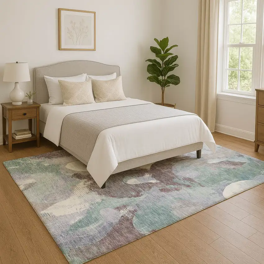 Pale Aqua Brown And Ivory Abstract Washable Area Rug With UV Protection Photo 4