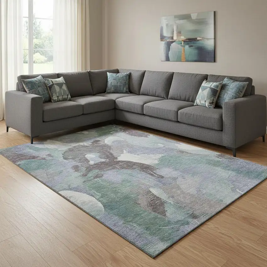 Pale Aqua Brown And Ivory Abstract Washable Area Rug With UV Protection Photo 2