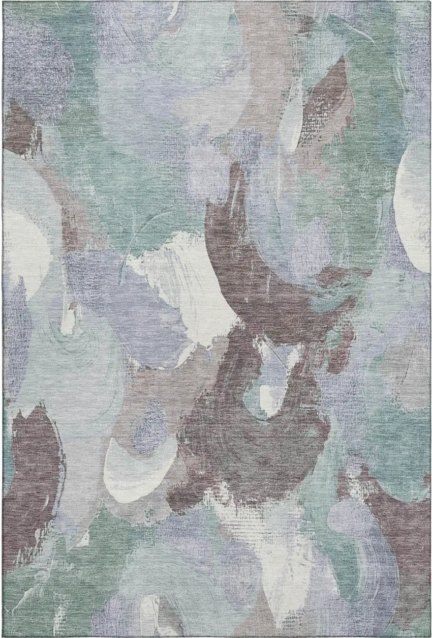 Pale Aqua Brown And Ivory Abstract Washable Area Rug With UV Protection Photo 1