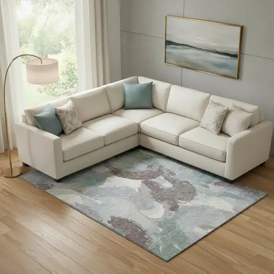 Pale Aqua Brown And Ivory Abstract Washable Area Rug With UV Protection Photo 2