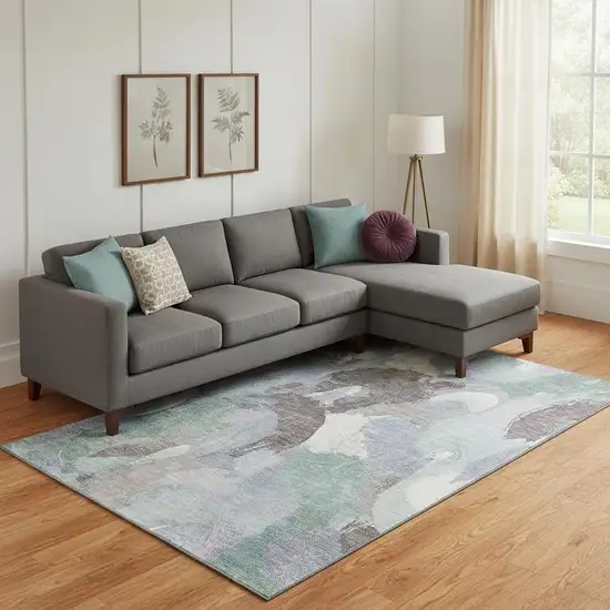 Pale Aqua Brown And Ivory Abstract Washable Area Rug With UV Protection Photo 2