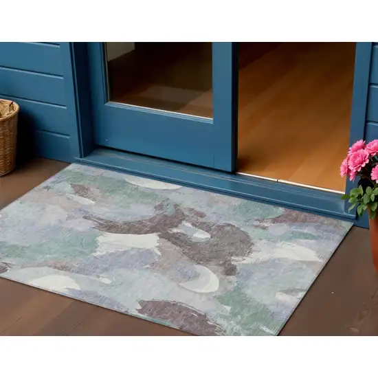 Pale Aqua Brown And Ivory Abstract Washable Indoor Outdoor Area Rug Photo 2