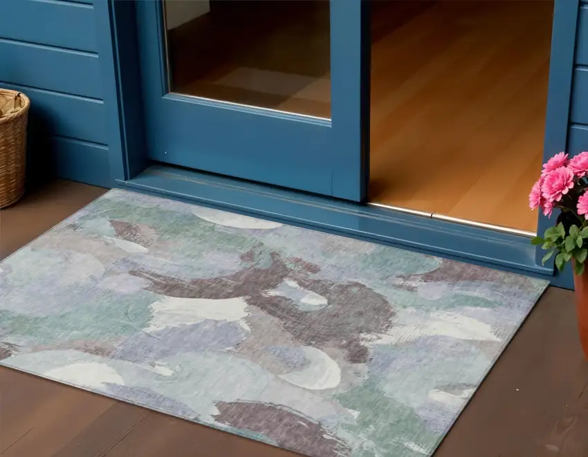 Pale Aqua Brown And Ivory Abstract Washable Indoor Outdoor Area Rug Photo 2