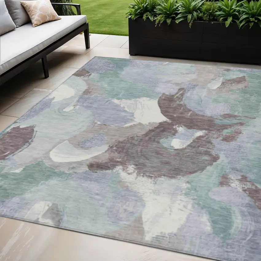 Pale Aqua Brown And Ivory Abstract Washable Indoor Outdoor Area Rug Photo 2