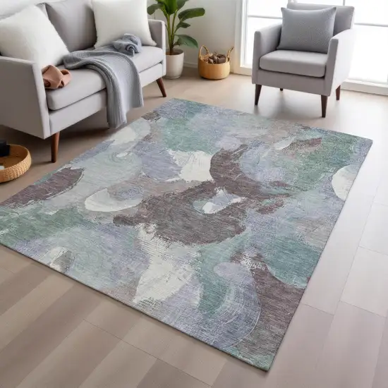 Pale Aqua Brown And Ivory Abstract Washable Indoor Outdoor Area Rug Photo 4