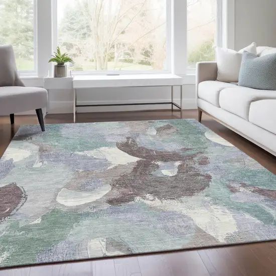 Pale Aqua Brown And Ivory Abstract Washable Indoor Outdoor Area Rug Photo 5
