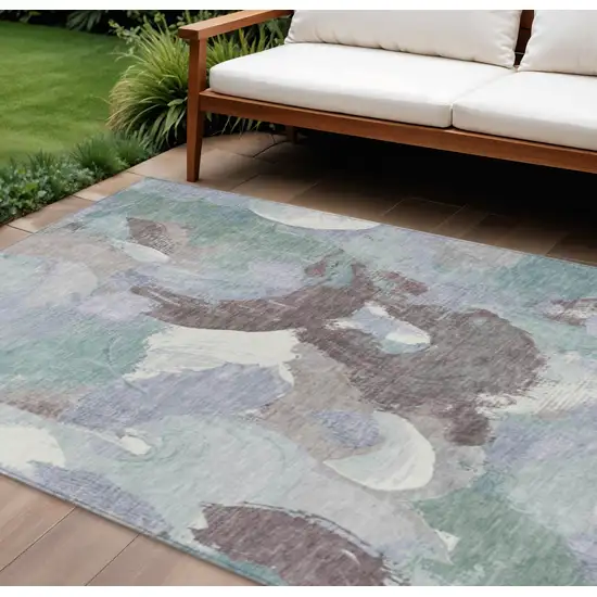 Pale Aqua Brown And Ivory Abstract Washable Indoor Outdoor Area Rug Photo 2