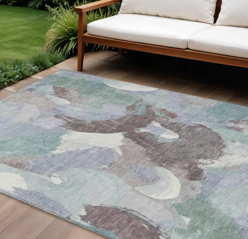 Pale Aqua Brown And Ivory Abstract Washable Indoor Outdoor Area Rug Photo 2