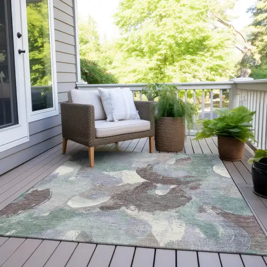 Pale Aqua Brown And Ivory Abstract Washable Indoor Outdoor Area Rug Photo 6