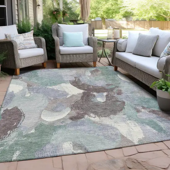 Pale Aqua Brown And Ivory Abstract Washable Indoor Outdoor Area Rug Photo 3