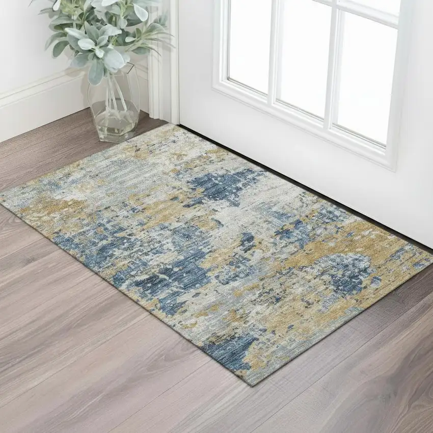 Pale Aqua Copper And Beige Abstract Washable Area Rug With UV Protection Photo 2