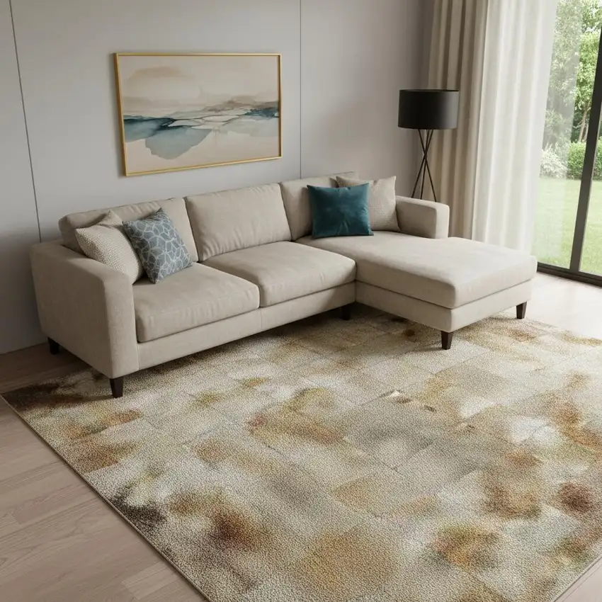 Pale Aqua Copper And Beige Abstract Washable Area Rug With UV Protection Photo 2