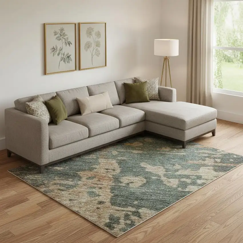 Pale Aqua Copper And Beige Abstract Washable Area Rug With UV Protection Photo 2